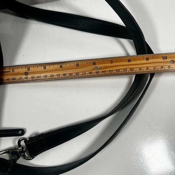 Black Pebbled Genuine Leather Crossbody Bag Many Zippered Pockets Floral Lining - Picture 12 of 16